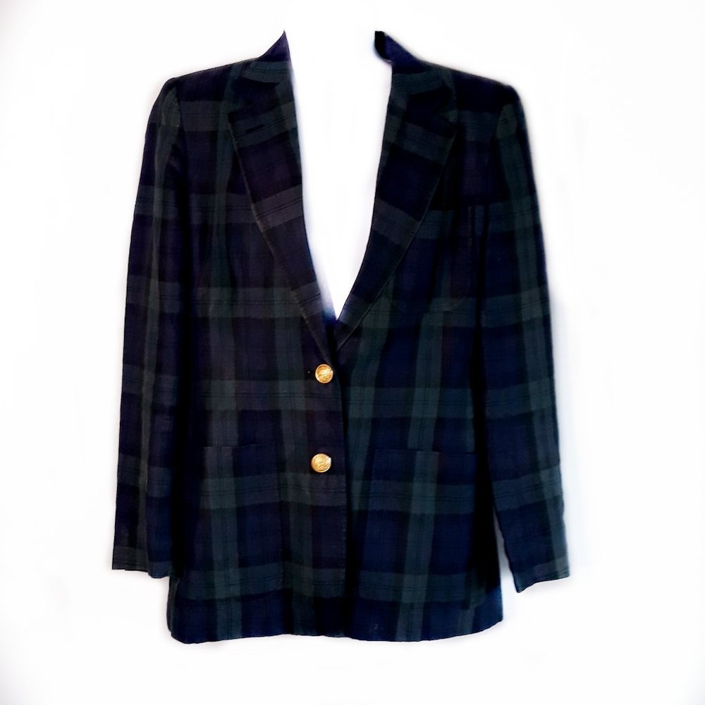 RALPH LAUREN linen blazer plaid blue green women's